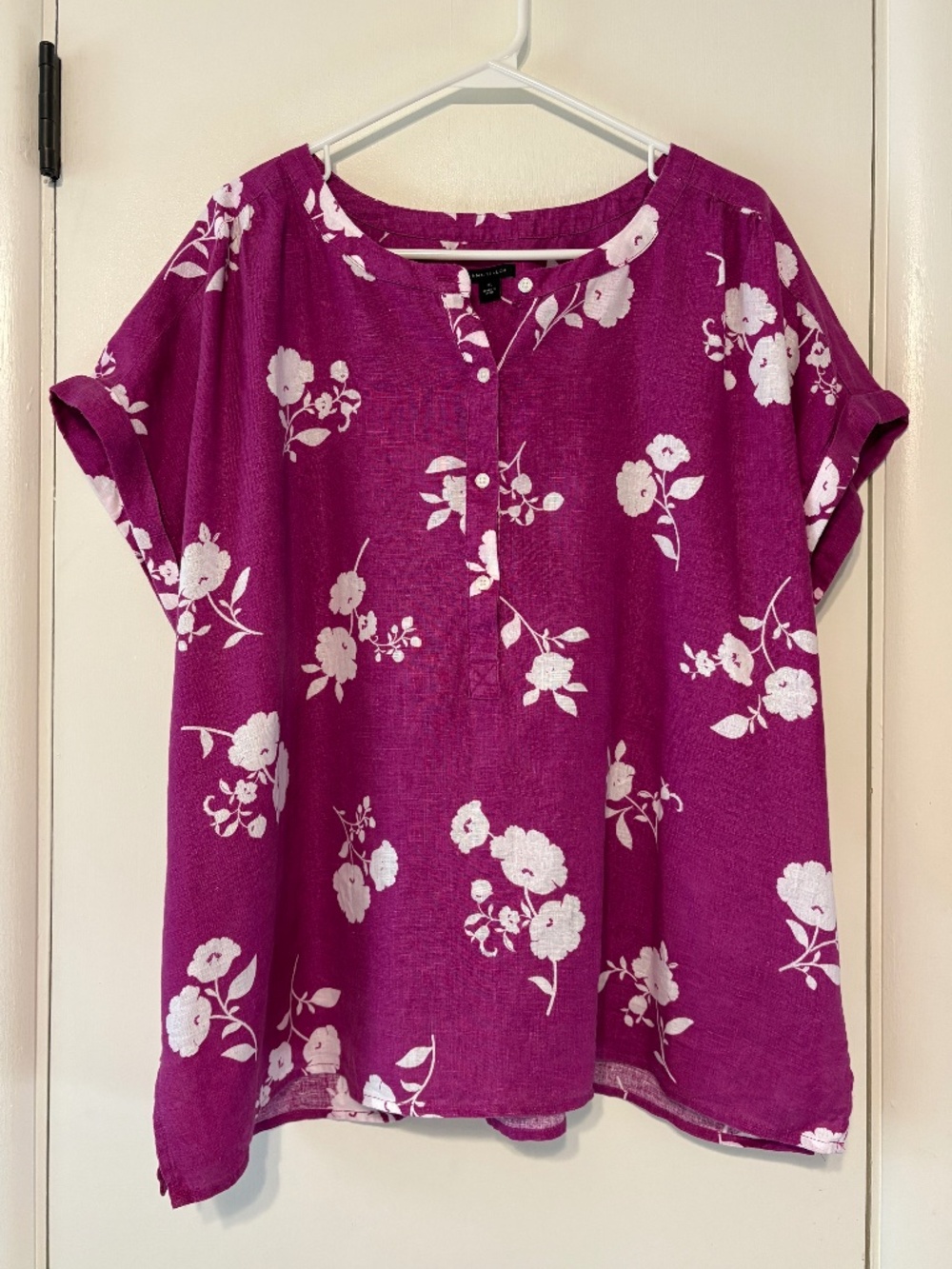 Ann Taylor Women's S/S Purple Floral Linen Popover Henley Shirt Top Blouse XL